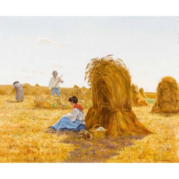Getreideernte mit rastender Mutter und Kind. by 
																	Gustave Cesaire Garaud