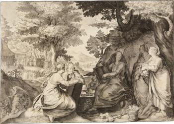 Die fünf klugen Jungfrauen mit ihren Öllampen und anderen Attributen in einer Landschaft, links im Hintergrund die Predigt Johannes des Täufers by 
																	Johann Lorenz I Rotermund