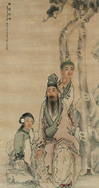 A scholar, a young man and a young woman under a pine by 
																	 Qian Hanbo
