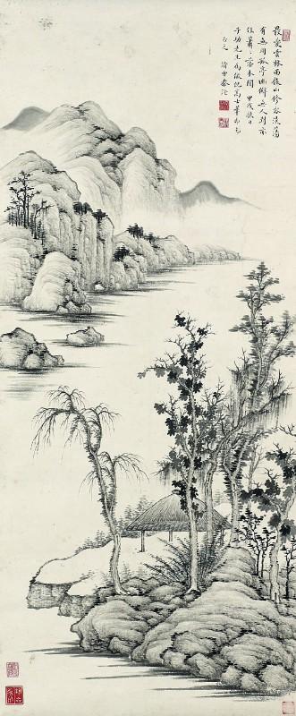 A landscape with a pavilion by the shore by 
																	 Qin Gan