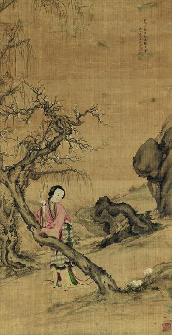 A young woman underneath a blossoming plum tree and watching two white hares by 
																	 Zhang Jizhou