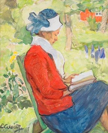 Läsande kvinna i trädgård by 
																			Elsa Backlund-Celsing