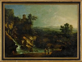 Klassiskt landskap med figurer vid vattendrag by 
																			Pierre Salomon Domenchin de Chavanne