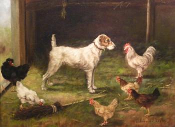 Wire haired fox terrier and hens by 
																			Adrienne Lester