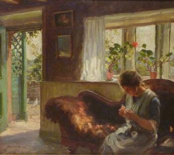 Girl in a sunlit cottage interior by 
																			Fred Stead