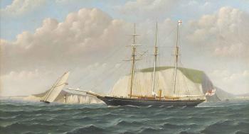 A steam yacht and a racing schooner off the Needles by 
																	W L Iddes