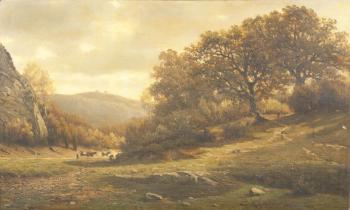 An extensive wooded landscape with a figure and cattle on a path by 
																	Felix de Baerdemaeker