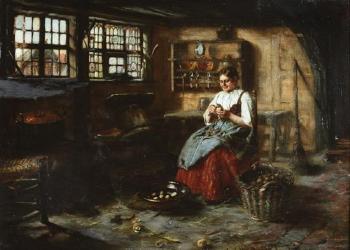 Interior with woman knitting by 
																			Carl Kricheldorf