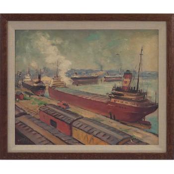 Industrial harbor scene by 
																			John F Swalley