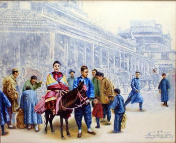 Scène animée dans la vieille ville by 
																	 Wang Qing Quan