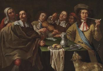 A tavern interior with soldiers merrymaking around a table by 
																	Gregorius Oosterlynck