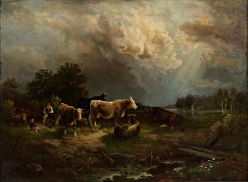 Weidelandschaft mit Kühen, Figurenstaffage und Flusslauf by 
																	Friedrich Lyck