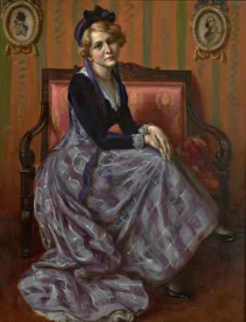 Portrait einer jungen Frau auf Armlehnsessel im Salon by 
																	Karl Gampenrieder
