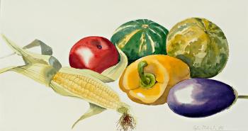 Stilleben mit Melonen, Aubergine, Maiskolben und Paprika by 
																	Gisela Italiaander