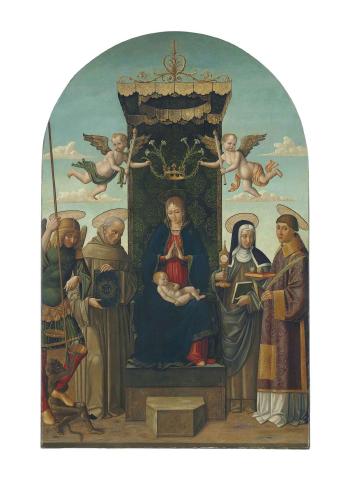 The Madonna and Child enthroned, with Saints Michael, Bernardino of Siena, Clare and Stephen, two angels holding a crown with lilies above by 
																	Macrino d'Alba