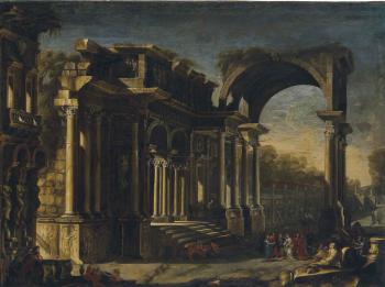 A capriccio with Roman ruins and Christ with the Woman Taken in Adultery by 
																	Francesco Magliolo