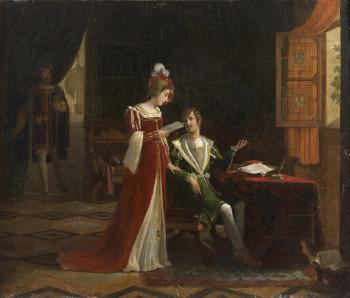 Marguerite, reine de Navarre, est surprise par François Ier son frère au moment où elle lit la ballade de Clément Marot by 
																	Jean-Baptiste Vermay de Beaume
