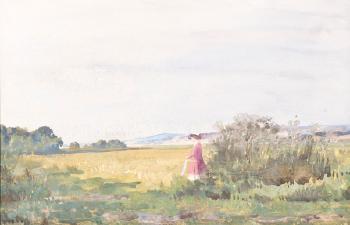 Femme au manteau rose, dans la campagne by 
																	Joseph Avy