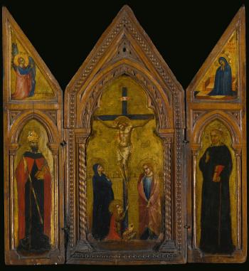 A Triptych: Central Panel: The Crucifixion; Left Wing: a Bishop Saint, The Archangel Gabriel Above; Right Wing: a Monastic Saint, Possibly Saint Augustine, The Madonna Annunciate Above by 
																	 Guglielmo Veneziano