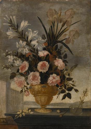 Still Life Of Iris, Lilies, Roses And Carnations In Elaborate Urn, With a Blue And White Cup And a Small Glass Vase, Landscapes Beyond: a Pair by 
																			Pedro de Camprobin