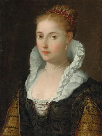 Portrait Of a Lady, Head And Shoulders, Wearing a Necklace And Pearls In Her Hair by 
																	 Emilian School