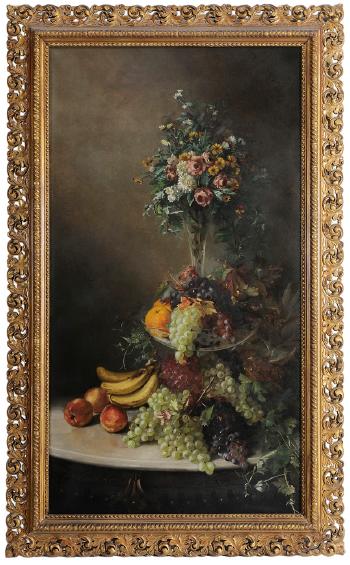 Still Life, elaborate fruit and flower display on a tabletop by 
																			Susie Dugan