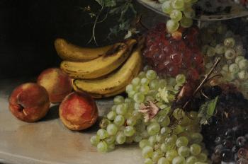 Still Life, elaborate fruit and flower display on a tabletop by 
																			Susie Dugan