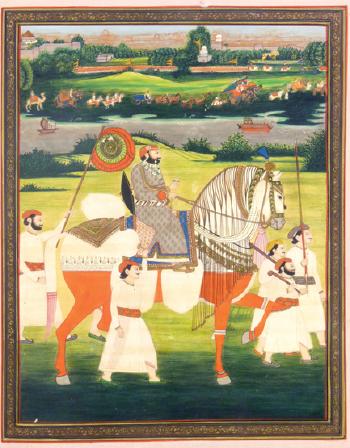 Nobleman on horseback leading procession by 
																			 Provincial Mughal School
