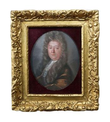 Portrait of a wigged gentleman, half-length, wearing brown robes and a lace jabot by 
																	Edward Lutterell