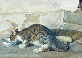 A tabby cat drinking milk by 
																	Joseph Poole Addey