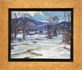 Frozen river with village and mountains by 
																	Aldro Thompson Hibbard