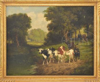 Summer landscape with cows by 
																	A Emil Prinz
