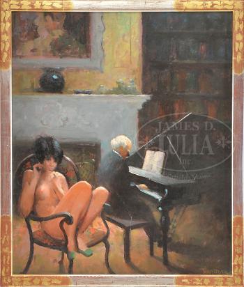 Interior with nude and pianist by 
																	William Harnden