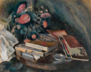 Still Life with Books and Pink Flowers by 
																	Nicolay Remisoff