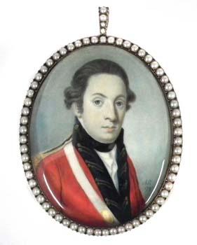 Officer wearing a scarlet coat with blue gilt facings and epaulette, white sword belt with gold plate by 
																	Alexander Gallaway