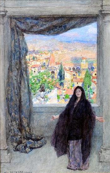Woman at a window, an Italianate townscape beyond by 
																	William Hatherell