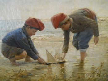 Boys Sailing Toy Boats in a Tide Pool by 
																			Modest Teixidor y Torres