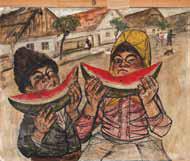 Zwei Kinder mit Melonen, rückseitig eine Autofahrt by 
																			Stojan Venev