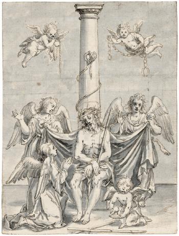 Christus als Schmerzensmann an der Martersäule, umgeben von Engeln und Putten by 
																	Hans Krumper