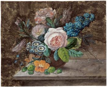 Blumenstilleben mit Rittersporn, Kapuzinerkresse und gefüllten Rosen by 
																	Johann David Paetzel
