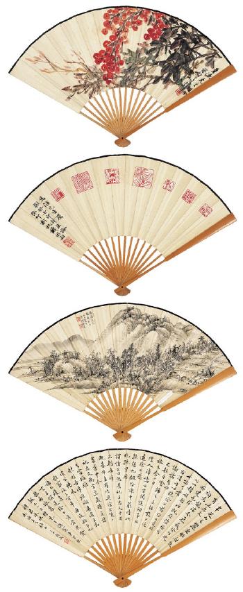 Flowers; Seal prints landscape; Calligraphy by 
																	 Zhu Jicheng