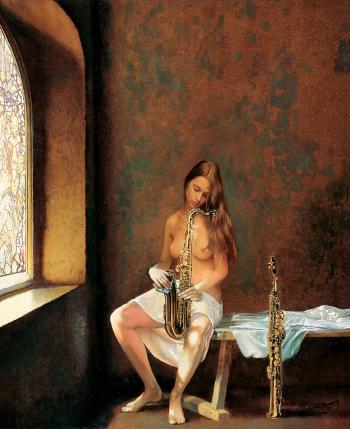 A girl who plays saxophone by 
																	 Wang Yue