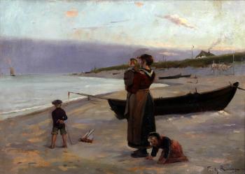 Woman and children on beach awaiting the fisherman's return by 
																	Friedrich Raupp