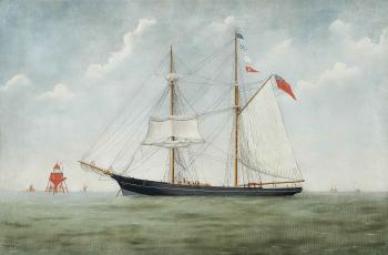 The British topsail schooner Raven anchored off a red lighthouse by 
																	John Fannen