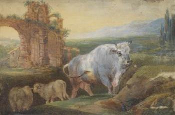 Zwei pastorale Landschaften mit Kühen, Schafen, Hirten und Hund by 
																	Ferdinand Ehricht