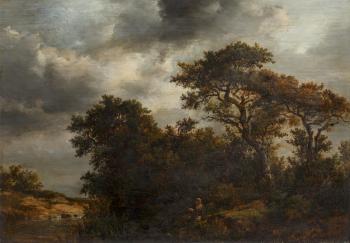 Wooded river landscape with angler seated on the bank by 
																	Patrick Nasmyth