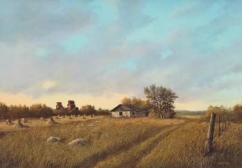 Farm Scene, Stooks And Grain Elevators by 
																	Milton Achtimichuk