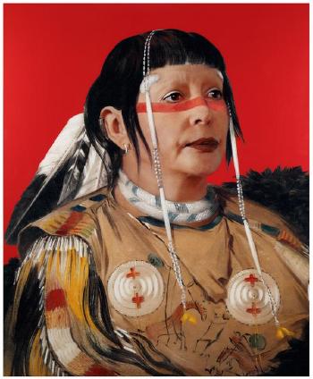Refiguration self-hybridation, série Indienne-Américaine, n°18, portrait peint de Sha-có-paysage, le Six, Chef des Plaines Ojibwa by 
																	 Orlan