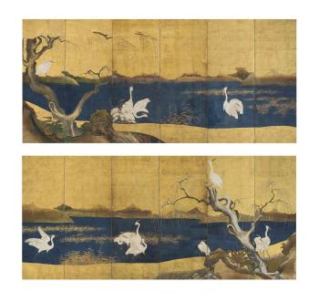 Herons and willows by a stream in spring and winter by 
																	 Kano School
