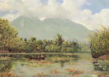 Indonesian landscape with a fisherman in a boat by 
																	Arthur Eland
